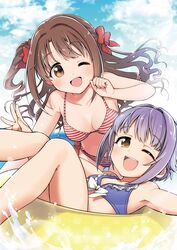  2girls ;d bikini blush bow breasts brown_eyes brown_hair cleavage cloud collaboration commentary_request day esse frilled_bikini frills hair_flaps hair_intakes hairbow half_updo idolmaster idolmaster_cinderella_girls innertube koshimizu_sachiko light_purple_hair long_hair medium_breasts multiple_girls nanonin navel one_eye_closed one_side_up open_mouth outdoors shimamura_uzuki short_hair sky smile splashing striped swim_ring swimsuit water 