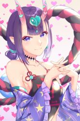  akapug621 bad_id bad_pixiv_id blunt_bangs breasts choker earrings fate/grand_order fate_(series) female frilled_sleeves frills hair_ornament heart heart_hair_ornament horns interlocked_fingers jewelry long_sleeves looking_at_viewer oni own_hands_together pointy_ears print_sleeves purple_eyes purple_hair rock short_hair shuten_douji_(fate) shuten_douji_(halloween_caster)_(fate) sideboob skin-covered_horns small_breasts smile solo star_(symbol) star_print upper_body 