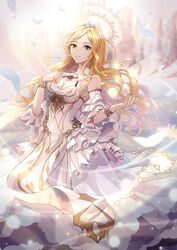  angelia_carlos bad_id bad_pixiv_id blonde_hair breasts cleavage detached_collar detached_sleeves dress feathers female green_eyes halo hand_up highres long_hair looking_at_viewer medium_breasts photoshop_(medium) sdorica solo soyubee very_long_hair white_dress 