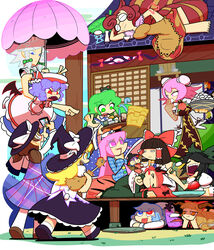  &gt;_&lt; 6+girls :3 asphyxiation bat_wings bird black_hair blue_eyes blue_hair braid brown_hair cellphone chicken choking_on_object closed_eyes commentary_request double_bun eating egg egg_(food) flying food frog_hair_ornament futatsuiwa_mamizou gap_(touhou) glasses green_hair grey_hair hair_bun hair_ornament hakurei_reimu hardboiled_egg hat hata_no_kokoro heterochromia highres horns ibaraki_kasen ibuki_suika izayoi_sakuya jealous kaenbyou_rin kirisame_marisa kochiya_sanae kuchibashi_(9180) lap_pillow looking_up luna_child mini_person minigirl multiple_girls on_roof orange_eyes orange_hair phone pink_hair raccoon_tail red_eyes reiuji_utsuho remilia_scarlet sleeping smartphone snake_hair_ornament star_sapphire sukuna_shinmyoumaru sunny_milk tail taking_picture tatara_kogasa tongue tongue_out touhou tray tsukumogami twin_braids twintails umbrella usami_sumireko wings witch_hat yellow_eyes 