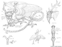  american_mythology antlers beard chimera claws facial_hair feathered_wings feathers horn hybrid indigenous_north_american_mythology kyoht_luterman male model_sheet monochrome monster mythology north_american_mythology piasa solo wings 