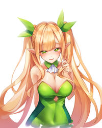  am1m arm_behind_back bare_shoulders blonde_hair blush breasts cleavage commentary_request covered_navel detached_collar dress elf female green_dress green_eyes hair_ribbon hand_up highres large_breasts long_hair looking_at_viewer open_mouth photoshop_(medium) pointy_ears ribbon sennen_sensou_aigis simple_background solo spica_(sennen_sensou_aigis) strapless strapless_dress twintails upper_body very_long_hair white_background 