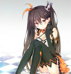  ass bad_id bad_pixiv_id black_gloves black_thighhighs blush breasts brown_hair commentary_request crown_hair_ornament death_end_re;quest earrings elbow_gloves female fuji_kakei gloves jewelry lily_hopes looking_at_viewer medium_breasts panties pantyshot sitting skirt smile solo thighhighs twintails underwear 