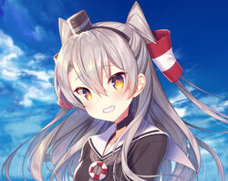  amatsukaze_(kancolle) blue_sky blush brown_dress brown_eyes cloud collarbone commentary_request day dress female grey_hair grey_neckerchief grin hair_tubes hat highres kantai_collection lifebuoy long_hair looking_at_viewer mini_hat neckerchief outdoors sailor_collar sailor_dress sky smile solo swim_ring tahya tilted_headwear two_side_up upper_body white_sailor_collar 