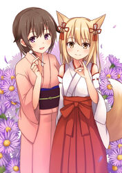  2girls animal_ears azuchi_hinata blonde_hair blush brown_eyes brown_hair commentary_request detached_sleeves fox_ears fuji_kakei hakama hakama_skirt japanese_clothes kimono miko multiple_girls red_hakama sash short_hair skirt ten_(tomimian) tomimian 