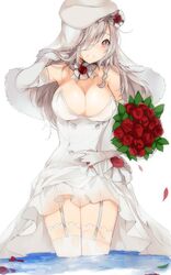  beret blush bouquet braid breasts buttons choker cleavage commentary_request double-breasted dress female flower g36c_(girls&#039;_frontline) g36c_(you_who_steps_up)_(girls&#039;_frontline) girls&#039;_frontline grey_hair hair_ornament hair_over_one_eye hat highres holding korean_commentary large_breasts long_hair looking_at_viewer neck_flower official_alternate_costume peanutc red_eyes rose side_braid smile solo thighhighs very_long_hair wedding_dress white_background white_choker white_flower white_sleeves white_thighhighs 