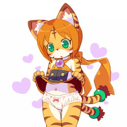  :o animal_ears bad_id bad_pixiv_id blush bow bow_panties cat_ears cat_tail clothes_lift cowboy_shot female flat_chest furry furry_female green_eyes heart kotorahime_neneko mizuki_kotora multiple_tails navel orange_hair panties shinrabanshou skirt skirt_lift solo tail tiger_girl tiger_stripes underwear white_panties 