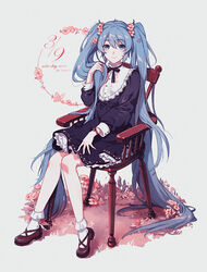  39 absurdly_long_hair alternate_costume black_dress black_ribbon blue_eyes blue_hair blush bobby_socks brown_footwear chair character_name closed_mouth commentary dated dress female fen_renlei flower frilled_dress frills full_body grey_background hair_flower hair_ornament hatsune_miku long_hair long_sleeves looking_at_viewer neck_ribbon on_chair photoshop_(medium) pink_flower puffy_long_sleeves puffy_sleeves ribbon shoes simple_background sitting smile socks solo very_long_hair vocaloid watch white_socks wristwatch 