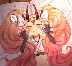  :3 bed_sheet big_hair black_nails blonde_hair blush bow claw_pose claws closed_mouth collarbone commentary_request crop_top dutch_angle facial_mark fangs fangs_out fate/grand_order fate_(series) female fingernails forehead_mark gradient_hair hairbow half-closed_eyes hands_up heart highres horns ibaraki_douji_(fate) ibaraki_douji_(swimsuit_lancer)_(fate) ibaraki_douji_(swimsuit_lancer)_(third_ascension)_(fate) japanese_clothes kimono long_fingernails long_hair lying makano_mucchi multicolored_hair nail_polish navel on_back oni oni_horns orange_eyes pillow red_hair sharp_fingernails short_kimono solo spoken_heart sweat very_long_hair white_bow white_kimono 