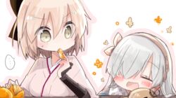  ... 2girls anastasia_(fate) blush bow commentary_request doll eating fate/grand_order fate_(series) food fruit hairband hairbow happy japanese_clothes kimono kotatsu mandarin_orange multiple_girls okita_souji_(fate) okita_souji_(koha-ace) shio_kuzumochi spoken_ellipsis table viy_(fate) 