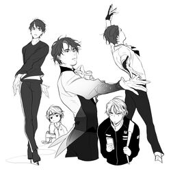  1boy bad_id bad_twitter_id cellphone costume figure_skating gloves greyscale headphones ice_skates jacket lee_seung-gil male_focus monochrome multiple_views phone skates smartphone sonnet_form thick_eyebrows yuri!!!_on_ice 