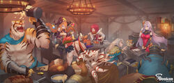  3boys 3girls abs absurdres bird black_gloves blue_eyes bottle boukun_(nnomm88444) bread breasts brown_hair chair charle_(sdorica) claws clenched_hand commentary_request covered_navel cup dagger_(sdorica) dated drinking eating elbow_gloves fake_horns food fork gloves grey_hair hand_up hat helmet highres holding holding_fork horned_helmet horns indoors jewelry karen_(sdorica) lantern large_breasts light_purple_hair long_hair meat medium_breasts mug multiple_boys multiple_girls necklace open_mouth owl pang_(sdorica) photoshop_(medium) potion puggi red_hair roger_(sdorica) sdorica sharice_(sdorica) sherlock_(sdorica) shirley_(sdorica) short_hair spill standing table topless_male twintails watermark wine_bottle witch_hat 