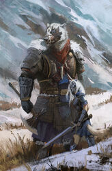  anthro armor axe bone burn canid canine canis clothed clothing digital_media_(artwork) duo eye_patch eyewear fangs felid female fur golden_jackal grass green_eyes hair hi_res holding_axe holding_melee_weapon holding_object holding_sword holding_weapon jackal lovecraftian_(genre) male mammal markings melee_weapon muscular muscular_male nomax outside piercing plant sabertooth_(anatomy) scar signature size_difference skarphedinn snow sword tattoo teeth tusks weapon white_hair winter zilla_(airlea) 