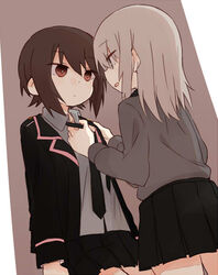  2girls black_jacket black_necktie black_skirt blue_eyes brown_eyes brown_hair closed_mouth commentary dress_shirt dressing_another fud girls_und_panzer grey_background grey_shirt jacket kuromorimine_school_uniform long_hair long_sleeves looking_at_another military military_uniform miniskirt multiple_girls necktie niedersachsen_military_uniform nishizumi_maho open_clothes open_jacket open_mouth pleated_skirt school_uniform shirt short_hair skirt tying_necktie uniform untucked_shirt white_hair 