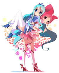  2girls :d ass blue_bow blue_choker blue_eyes blue_footwear blue_hair blue_skirt blush boots bow brooch choker commentary_request cure_blossom cure_marine dress forehead grin hair_between_eyes hairbow hanasaki_tsubomi haru_(nature_life) heart heart_brooch heartcatch_precure! high_heels high_ponytail jewelry knee_boots kneehighs kurumi_erika leaning_forward locked_arms long_hair magical_girl multiple_girls open_mouth parted_bangs pink_dress pink_hair ponytail precure puffy_short_sleeves puffy_sleeves red_bow red_eyes revision shirt shoes short_sleeves skirt smile socks standing thighhighs very_long_hair white_background white_footwear white_legwear white_shirt wrist_cuffs 