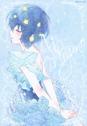  blue_hair bracelet character_name closed_eyes dress female floral_print flower hair_flower hair_ornament jewelry mizuno_ai protected_link short_hair solo twitter_username yuuna_minato zombie_land_saga 