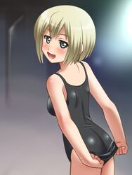  awa blonde_hair erica_hartmann female green_eyes strike_witches swimsuit swimsuit_pull world_witches_series 