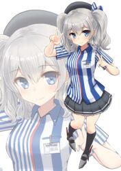  bad_id bad_twitter_id black_skirt black_socks blue_eyes blue_ribbon blush double_v employee_uniform female full_body grey_hair hair_between_eyes hair_ribbon highres kantai_collection kashima_(kancolle) kashima_(lawson)_(kancolle) kneehighs lawson long_hair looking_at_viewer name_tag nayuhi_(yukimuu14) pleated_skirt ribbon shirt skirt smile socks solo striped_clothes striped_ribbon striped_shirt thighhighs twintails two_side_up uniform v vertical-striped_clothes vertical-striped_shirt white_background white_ribbon zoom_layer 