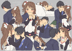  1boy alternate_costume bad_id bad_pixiv_id bespectacled black_hair bow brown_eyes brown_hair commentary_request enmaided female formal glasses hairbow half_updo heart hug hug_from_behind idolmaster idolmaster_cinderella_girls kissing kissing_cheek kissing_forehead kissing_hand long_hair maid multiple_views nanonin one_side_up producer_(idolmaster) producer_(idolmaster_cinderella_girls_anime) shimamura_uzuki short_hair smile straight suit symbol-shaped_pupils 