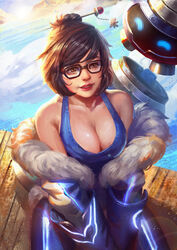  backlighting black-framed_eyewear blue_shirt blue_sky breasts brown_eyes brown_hair canister cleavage cloud coat collarbone commentary day dock female fur_trim glasses gloves hair_bun hair_ornament hair_stick highres large_breasts lens_flare lips looking_at_another mei_(overwatch) nose off_shoulder outdoors overwatch overwatch_1 parted_lips photoshop_(medium) realistic robot shirt short_hair single_hair_bun sitting sky smile snowball_(overwatch) solo tank_top teeth v_arms water x.four 