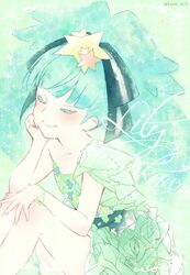  aqua_hair bracelet character_name closed_eyes dress female floral_print hair_ornament hoshikawa_lily jewelry protected_link solo star_(symbol) star_hair_ornament twitter_username yuuna_minato zombie_land_saga 