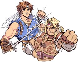  2boys bad_id bad_tumblr_id belt blonde_hair brown_hair castlevania:_rondo_of_blood castlevania_(series) chain_whip chiru_(champasaurus) clenched_hand commentary hand_on_own_hip headband looking_at_viewer male_focus multiple_boys richter_belmont short_hair simon_belmont simple_background sleeveless smile super_smash_bros. symbol-only_commentary upper_body whip 