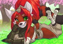  ailurid akami_(booneraccoon) anthro black_body black_fur brown_body brown_fur female fur green_eyes grin hair looking_at_viewer mammal multicolored_body multicolored_fur red_hair red_panda smile solo tan_body tan_fur thefuckingdevil 