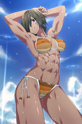  abs bikini breasts commentary contrapposto covered_nipples dark-skinned_female dark_skin day earrings ebr-kii facial_mark facial_tattoo female flexing from_below green_hair hair_between_eyes jewelry light_rays looking_at_viewer looking_down muscular muscular_female navel obliques panties parted_lips phantasy_star phantasy_star_online_2 photoshop_(medium) pointy_ears pose purple_eyes short_hair side-tie_panties sky solo standing sunbeam sunlight swimsuit tattoo twintails underwear 