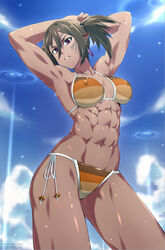  abs bikini breasts commentary contrapposto covered_nipples dark-skinned_female dark_skin day earrings ebr-kii facial_mark female flexing from_below green_hair hair_between_eyes jewelry light_rays looking_at_viewer looking_down muscular muscular_female navel obliques panties parted_lips phantasy_star phantasy_star_online_2 photoshop_(medium) pointy_ears pose purple_eyes side-tie_panties sky solo standing sunbeam sunlight swimsuit twintails underwear 