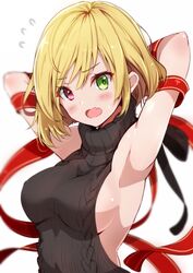  :o aran_sweater armpits arms_behind_head arms_up backless_outfit bare_shoulders black_ribbon black_sweater blonde_hair blurry blush breasts cable_knit charlotte_(shironeko_project) commentary_request depth_of_field embarrassed female flying_sweatdrops frown fuku_kitsune_(fuku_fox) green_eyes heterochromia highres large_breasts looking_at_viewer meme_attire oerba_yun_fang open_mouth red_eyes red_ribbon ribbed_sweater ribbon shironeko_project short_hair sideboob sidelocks skin_fang sleeveless sleeveless_sweater sleeveless_turtleneck solo standing sweat sweater turtleneck turtleneck_sweater upper_body virgin_killer_sweater white_background 