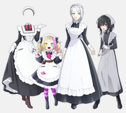  4girls apron bags_under_eyes belt black_hair blonde_hair commentary_request dress fangs gloves goshi-san green_eyes green_hair grey_background grey_eyes hammer hat head_scarf heterochromia highres invisible long_dress maid maid_apron maid_headdress mob_cap multicolored_hair multiple_girls original pantyhose pink_hair red_eyes striped_clothes striped_pantyhose white_hair wrench yellow_eyes 