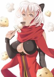  ahoge akapug621 bad_id bad_pixiv_id black_bow black_sleeves bow breasts cleavage cleavage_cutout clothing_cutout detached_sleeves fate/grand_order fate_(series) female food grey_eyes hair_between_eyes hair_ribbon hairbow holding holding_food koha-ace large_breasts long_sleeves looking_at_viewer okita_souji_(fate) okita_souji_alter_(fate) okita_souji_alter_(first_ascension)_(fate) red_ribbon red_scarf ribbon scarf short_hair solo upper_body white_hair 