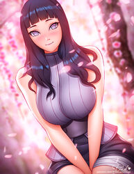  aged_up bandaged_leg bandages between_legs black_hair blunt_bangs blurry blurry_background blush breasts byakugan cherry_blossoms commentary corset english_commentary female hand_between_legs hyuuga_hinata large_breasts long_hair looking_at_viewer naruto:_the_last naruto_(series) no_pupils patreon_username petals photoshop_(medium) pink_lady_mage purple_eyes simple_background sleeveless smile solo v_arms 