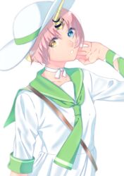  akapug621 arm_ribbon bad_id bad_pixiv_id blue_eyes fate/apocrypha fate_(series) female frankenstein&#039;s_monster_(animejapan_2018)_(fate) frankenstein&#039;s_monster_(fate) green_neckwear green_ribbons green_sailor_collar hat hat_ribbon heterochromia horns mechanical_horns official_alternate_costume open_mouth pink_hair ribbon sailor_collar shirt short_hair simple_background single_horn skirt solo sun_hat upper_body white_background white_hat white_shirt white_skirt yellow_eyes 