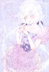  bracelet character_name closed_eyes dress female floral_print jewelry konno_junko low_twintails protected_link solo twintails twitter_username white_hair yuuna_minato zombie_land_saga 