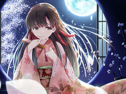  akisaka_yamoka black_hair brown_eyes commentary_request female finger_to_mouth flower full_moon hair_ribbon hand_fan highres holding holding_fan idolmaster idolmaster_cinderella_girls japanese_clothes kimono kobayakawa_sae long_hair looking_to_the_side moon night photoshop_(medium) pink_kimono pinky_to_mouth red_ribbon ribbon smile solo upper_body 