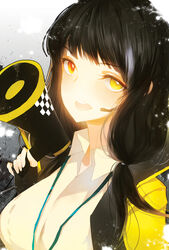  black_gloves black_hair breasts collared_shirt commentary_request female fingerless_gloves girls&#039;_frontline gloves headset heterochromia highres holding holding_megaphone hood hood_down hooded_jacket jacket lanyard large_breasts long_hair looking_at_viewer megaphone multicolored_hair open_mouth orange_eyes paint_splatter peanutc photoshop_(medium) ro635_(girls&#039;_frontline) shirt sidelocks smile solo streaked_hair teeth twintails upper_body upper_teeth_only white_hair yellow_eyes 