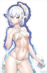  bikini breasts collarbone commentary contrapposto ebr-kii elf female flower hair_flower hair_ornament medium_breasts navel o-ring o-ring_bikini o-ring_top original phantasy_star phantasy_star_online_2 pointy_ears ponytail red_eyes sky solo standing swimsuit white_hair 