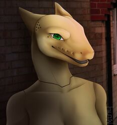  android anthro breasts britishviper bust_portrait female fur green_eyes hybrid joints machine non-mammal_breasts nude open_mouth portrait reptile robot scalie sergal simple_background snake solo standing tan_body tan_fur vanobi 