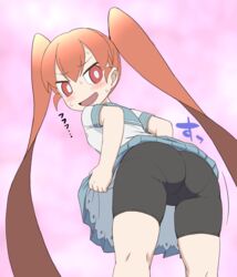  ass bike_shorts blush emikatsuki eyebrows_visible_through_hair female female hair_between_eyes highres japanese_text lifted_by_self looking_back no_nose open_mouth orange_hair panties_under_bike_shorts school_uniform shirt skirt skirt_lift solo sweat twintails ueno-san_wa_bukiyou ueno_(ueno-san_wa_bukiyou) white_shirt 