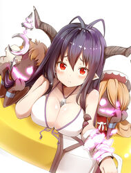  antenna_hair bikini black_hair blush breasts cleavage collarbone commentary_request danua danua_(summer)_(granblue_fantasy) draph female frown granblue_fantasy gretel_(granblue_fantasy) hair_between_eyes hansel_(granblue_fantasy) horns jewelry large_breasts long_hair looking_at_viewer necklace official_alternate_costume photoshop_(medium) pilokey pointy_ears red_eyes swimsuit white_background white_bikini 