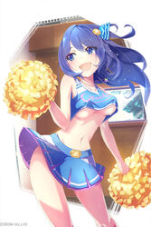  :d bad_id bad_pixiv_id blue_eyes blue_hair blue_skirt blush breasts cheerleader commentary_request company_name crop_top eyebrows female groin hair_ornament holding jewelry looking_away loup medium_breasts navel necklace no_bra open_mouth original pleated_skirt pom_pom_(cheerleading) shirt skirt sleeveless sleeveless_shirt smile solo watermark white_background 