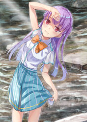  arm_up ayase_rin_(raramagi) bad_id bad_pixiv_id blush bow closed_mouth collared_shirt commentary_request day female fingernails green_skirt leaning_to_the_side long_hair looking_at_viewer orange_bow outdoors purple_hair raramagi red_eyes rock rurukuru school_uniform shading_eyes shirt short_sleeves skirt smile solo standing striped_clothes striped_skirt two_side_up vertical-striped_clothes vertical-striped_skirt very_long_hair water white_shirt 