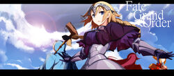  2girls ahoge armor blonde_hair blue_eyes braid capelet chains cloud commentary cu_chulainn_(caster)_(fate) cu_chulainn_(fate) day epaulettes fallstreak_hole fate/apocrypha fate/extra fate/grand_order fate_(series) fur_trim gauntlets highres hood jeanne_d&#039;arc_(fate) jeanne_d&#039;arc_(ruler)_(fate) letterboxed looking_at_viewer multiple_girls nero_claudius_(fate) nero_claudius_(fate/extra) outstretched_arms parted_lips photoshop_(medium) puffy_sleeves single_braid sky staff vane_(vane0) 