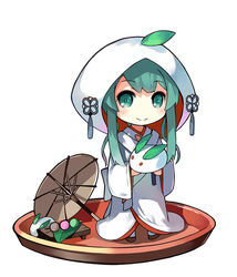  chibi commentary dango faux_figurine female food full_body green_eyes green_hair hatsune_miku japanese_clothes kimono leaf lino-lin long_hair looking_at_viewer oil-paper_umbrella photoshop_(medium) shiromuku simple_background smile snow_rabbit solo standing tassel twintails uchikake umbrella vocaloid wagashi wataboushi white_background white_kimono yuki_miku yuki_miku_(2013) 