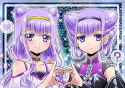  2girls ? black_hairband choker clothing_cutout cokata collarbone commentary_request cone_hair_bun detached_sleeves dual_persona hair_bun hairband heart heart_hands heart_hands_duo hugtto!_precure long_hair looking_at_viewer multiple_girls photoshop_(medium) pointy_ears precure purple_eyes purple_hair ribbon ruru_amour shoulder_cutout smile sparkle tied_hair upper_body yellow_hairband 