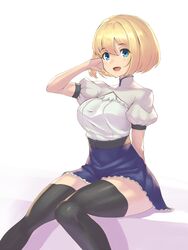  adjusting_hair belt black_thighhighs blonde_hair blue_eyes blue_skirt commentary female frilled_skirt frills high-waist_skirt highres looking_at_viewer open_mouth phalanx_(sekaiju) phalanx_2_(sekaiju) sekaiju_no_meikyuu sekaiju_no_meikyuu_3 short_hair sitting skirt smile solo takamine_nadare thighhighs zettai_ryouiki 