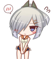  alternate_costume alternate_hairstyle bare_shoulders blue_eyes blush breasts chibi clothes_pull commentary cosplay female grey_hair hair_ornament hair_over_one_eye hairclip hairpin hamakaze_(kancolle) i-401_(kancolle) i-401_(kancolle)_(cosplay) kantai_collection komakoma_(magicaltale) large_breasts looking_at_viewer one-piece_swimsuit open_mouth ponytail sailor_collar school_swimsuit school_uniform serafuku shirt_pull short_hair short_ponytail solo spoken_blush swimsuit swimsuit_under_clothes v_arms 