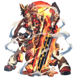  1boy artist_request bare_shoulders belt brown_hair fingerless_gloves full_body gloves guilty_gear guilty_gear_xrd junkyard_dog_mk_iii last_period long_hair male_focus muscular official_art smile sol_badguy sword transparent_background weapon 