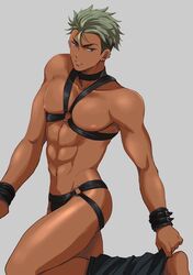  1boy abs between_pectorals commentary_request dark-skinned_male dark_skin ear_piercing earrings green_hair grey_background harness highres jewelry king_of_prism king_of_prism_by_prettyrhythm leg_warmers male_focus multicolored_hair multiple_piercings muscular nipples o-ring o-ring_top parted_lips pectorals piercing pretty_rhythm pretty_series simple_background solo toroi_(run01211) two-tone_hair undercut yamato_alexander 